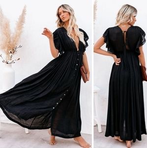 New Flowy Deep Plunge Maxi Dress Sheer Gauze Cover Up Summer Black